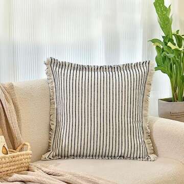 ZWJD Throw Pillow Covers 18x18Set of 2 Striped Pillow Covers with Fringe Chic Cotton Decorative Pill...