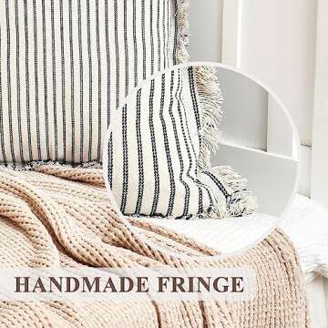 ZWJD Throw Pillow Covers 18x18Set of 2 Striped Pillow Covers with Fringe Chic Cotton Decorative Pillows Square Cushion Covers for Sofa Couch Bed Living Room Farmhouse Decor
