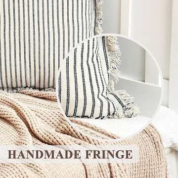 ZWJD Throw Pillow Covers 18x18Set of 2 Striped Pillow Covers with Fringe Chic Cotton Decorative Pillows Square Cushion Covers for Sofa Couch Bed Living Room Farmhouse Decor