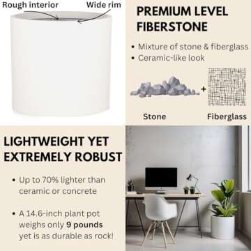 Fox & Fern 14.6 Inch Extra Large Planter — Premium Lightweight Fiberstone Matte White Plant Pot with Drainage Plug; Big Planter for Indoor & Outdoor Use; Weather Resistant & UV Resistant