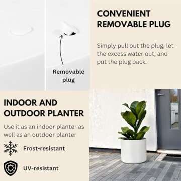 Fox & Fern 14.6 Inch Extra Large Planter — Premium Lightweight Fiberstone Matte White Plant Pot with Drainage Plug; Big Planter for Indoor & Outdoor Use; Weather Resistant & UV Resistant