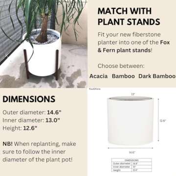 Fox & Fern 14.6 Inch Extra Large Planter — Premium Lightweight Fiberstone Matte White Plant Pot with Drainage Plug; Big Planter for Indoor & Outdoor Use; Weather Resistant & UV Resistant