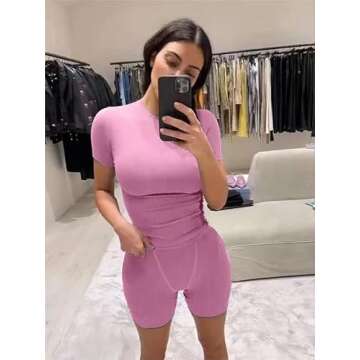 AYWA Two Piece Outfits for Women Fitted Crew Neck T-shirt High Waist Leggings Biker Shorts Matching Sets Streetwear (Pink-shorts, Large)