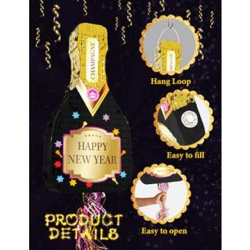 MUWOOB New Years Pinata, Adult Piñata with Stick Blindfold and Confetti, New Years Eve Pinata, Nye Champagne Bottle Pinata Party Games Decorations, Photo Prop, Table Centerpiece