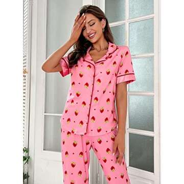 WDIRARA Women's Strawberry Print Pajama Set for Comfort