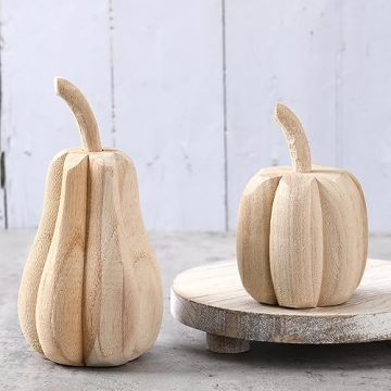 Hand-Carved Paulownia Wood Pumpkins - Rustic Farmhouse Decor for Thanksgiving & Halloween