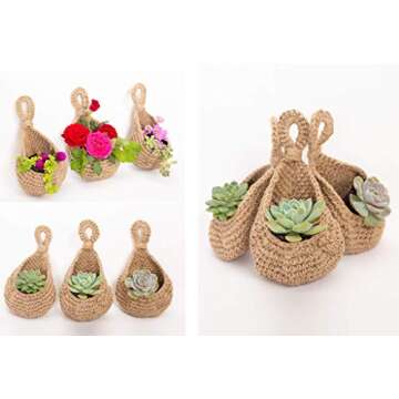 LD FRIENDLY STRANGERS Jute Hanging Basket Wall planters-Small for Plants Succulent Wall Decor,Teardrop Hanging Herb Pot Holder 3 inch Outside Diameter for in/Outdoor Fence Planter