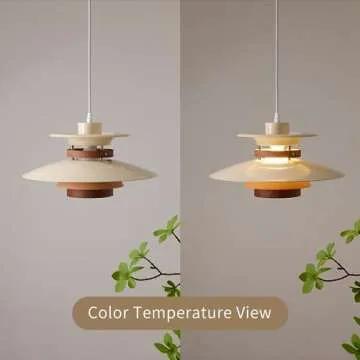 EFINEHOME Modern Decor Adjustable Pendant Lamp Kitchen Island, Aluminum and Wood Finish,1-Light E26 Base Ceiling Hanging Light for Dining Room Shop Restaurant (Beige+Dark Wood Grain, 40cm)