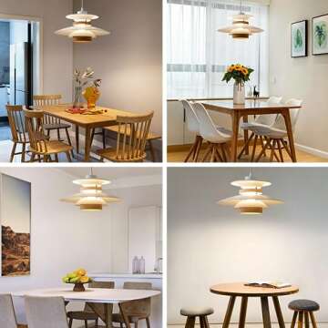 EFINEHOME Modern Decor Adjustable Pendant Lamp Kitchen Island, Aluminum and Wood Finish,1-Light E26 Base Ceiling Hanging Light for Dining Room Shop Restaurant (Beige+Dark Wood Grain, 40cm)