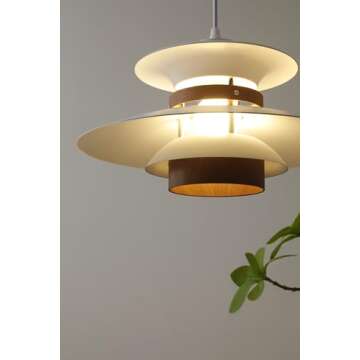 EFINEHOME Modern Decor Adjustable Pendant Lamp Kitchen Island, Aluminum and Wood Finish,1-Light E26 Base Ceiling Hanging Light for Dining Room Shop Restaurant (Beige+Dark Wood Grain, 40cm)