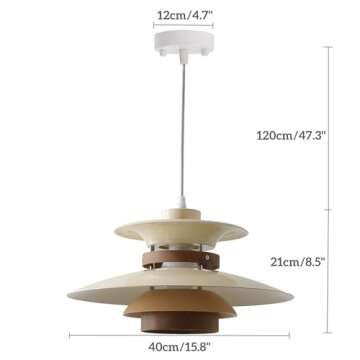 EFINEHOME Modern Decor Adjustable Pendant Lamp Kitchen Island, Aluminum and Wood Finish,1-Light E26 Base Ceiling Hanging Light for Dining Room Shop Restaurant (Beige+Dark Wood Grain, 40cm)