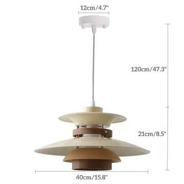 EFINEHOME Modern Decor Adjustable Pendant Lamp Kitchen Island, Aluminum and Wood Finish,1-Light E26 Base Ceiling Hanging Light for Dining Room Shop Restaurant (Beige+Dark Wood Grain, 40cm)