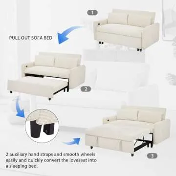 Merax Pull-Out Sofa Bed Convertible Couch 2 Seat Loveseat Sofa Modern Sleeper Sofa with Two Throw Pillows and USB Ports for Living Room, Beige