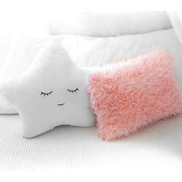 Perfectto Design Set of 2 Decorative Pillows, Toddler Room. Star Fluffy White Embroidered and Furry ...