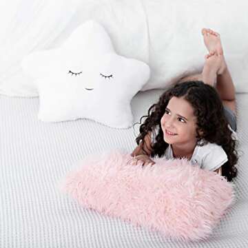 Perfectto Design Set of 2 Decorative Pillows, Toddler Room. Star Fluffy White Embroidered and Furry Pink Faux Fur Soft and Plush Girls Pillows – Throw Pillows for Kid’s Bedroom Décor