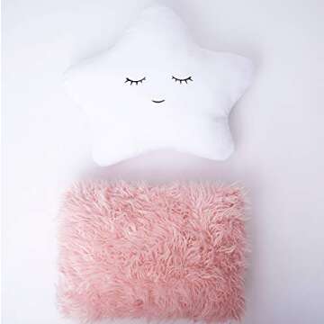 Perfectto Design Set of 2 Decorative Pillows, Toddler Room. Star Fluffy White Embroidered and Furry Pink Faux Fur Soft and Plush Girls Pillows – Throw Pillows for Kid’s Bedroom Décor