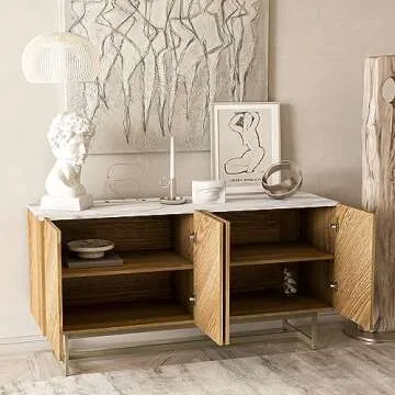 roomfitters Mid Century Modern TV Stand for TVs up to 65", Herringbone Sideboard Buffet Cabinet Credenza, Marble Top Media Console, Boho Entertainment Center for Living Room, Entryway (Oak Wood)