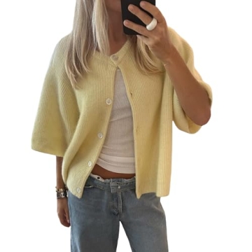 Women Y2k Crop Knit Cardigan - Short Sleeve Button Down Casual Tee (Yellow, M)