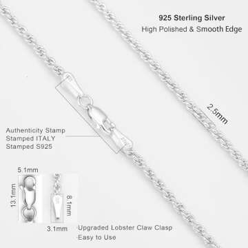 Waitsoul 925 Sterling Silver Rope Chain Lobster Clasp 2.5mm Silver Chain for Men Women Silver Necklace Chain 16-30 Inches(18)