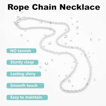 Waitsoul 925 Sterling Silver Rope Chain Lobster Clasp 2.5mm Silver Chain for Men Women Silver Necklace Chain 16-30 Inches(18)