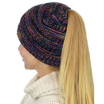 C.C BeanieTail Soft Stretch Cable Knit Messy High Bun Ponytail Beanie Hat, Black/Multi