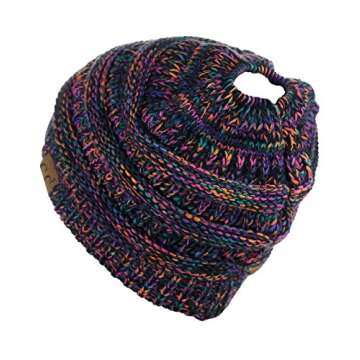 C.C BeanieTail Soft Stretch Cable Knit Messy High Bun Ponytail Beanie Hat, Black/Multi