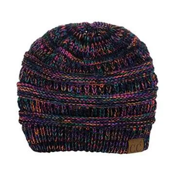 C.C BeanieTail Soft Stretch Cable Knit Messy High Bun Ponytail Beanie Hat, Black/Multi
