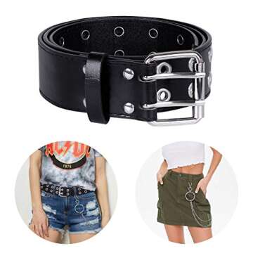 WHIPPY Double Grommet Belt with Chain for Women & Men - Stylish PU Leather Punk Rock Waist Belt (Bla...