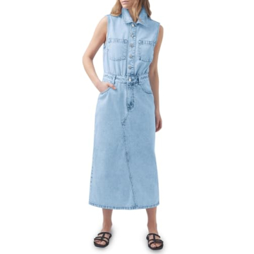 Fisoew Womens Sleeveless Denim Dress Button Down Collared Neck Jean Dress Casual Back Split Midi Dre...
