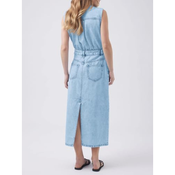 Fisoew Womens Sleeveless Denim Dress Button Down Collared Neck Jean Dress Casual Back Split Midi Dresses Light Blue