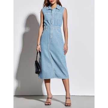 Fisoew Womens Sleeveless Denim Dress Button Down Collared Neck Jean Dress Casual Back Split Midi Dresses Light Blue