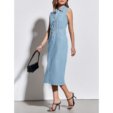 Fisoew Womens Sleeveless Denim Dress Button Down Collared Neck Jean Dress Casual Back Split Midi Dresses Light Blue
