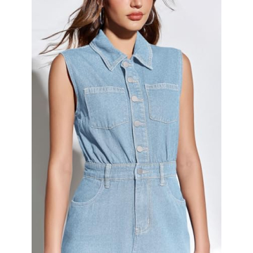 Fisoew Womens Sleeveless Denim Dress Button Down Collared Neck Jean Dress Casual Back Split Midi Dresses Light Blue
