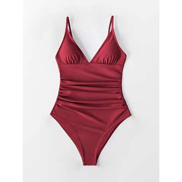 CUPSHE Women's One Piece Swimsuit Shirring Design V Neck Low Back Bathing Suit, Burgundy, M