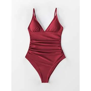 CUPSHE Women's One Piece Swimsuit Shirring Design V Neck Low Back Bathing Suit, Burgundy, M