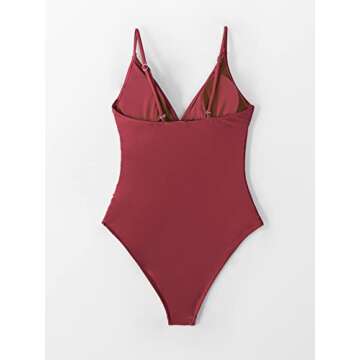 CUPSHE Women's One Piece Swimsuit Shirring Design V Neck Low Back Bathing Suit, Burgundy, M