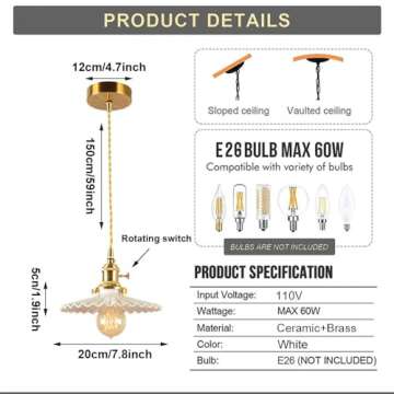 Elegant OIUSQBH White Ceramic Pendant Light with On/Off Switch for Home