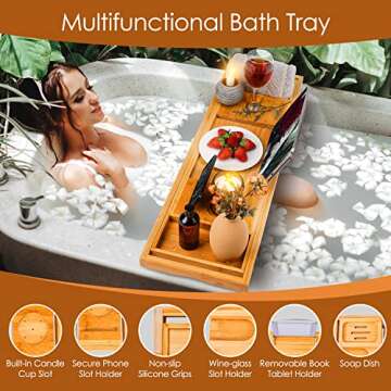 Foldable Bathtub Caddy Tray, Bamboo Bath Tub Tray Table for Tub with Wine Glass Holder Book Phone Ta...