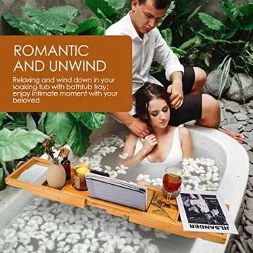 Foldable Bathtub Caddy Tray, Bamboo Bath Tub Tray Table for Tub with Wine Glass Holder Book Phone Tablet Holder with Extending Sides, Adjustable Bathroom Bathtub Free Soap Holder Gift Idea (Beige)