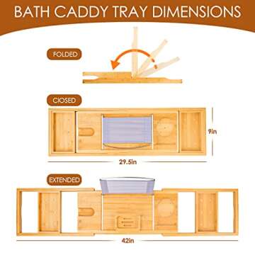 Foldable Bathtub Caddy Tray, Bamboo Bath Tub Tray Table for Tub with Wine Glass Holder Book Phone Tablet Holder with Extending Sides, Adjustable Bathroom Bathtub Free Soap Holder Gift Idea (Beige)
