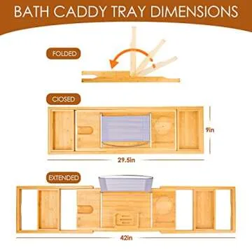 Foldable Bathtub Caddy Tray, Bamboo Bath Tub Tray Table for Tub with Wine Glass Holder Book Phone Tablet Holder with Extending Sides, Adjustable Bathroom Bathtub Free Soap Holder Gift Idea (Beige)