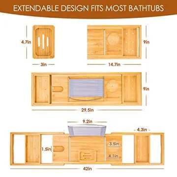 Foldable Bathtub Caddy Tray, Bamboo Bath Tub Tray Table for Tub with Wine Glass Holder Book Phone Tablet Holder with Extending Sides, Adjustable Bathroom Bathtub Free Soap Holder Gift Idea (Beige)