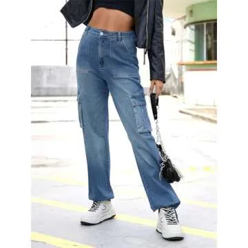 ZMPSIISA Women High Waisted Cargo Jeans Pants Wide Leg Casual Denim 6 Pockets Combat Military Trouse...