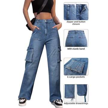 ZMPSIISA Women Cargo Jeans Pants with 6 Pockets