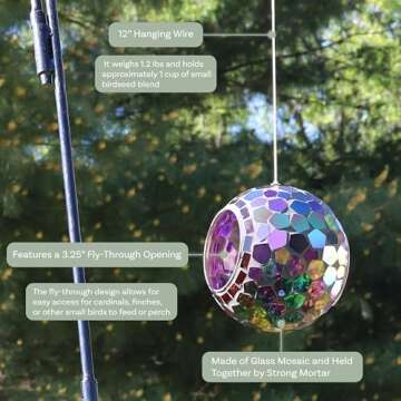 Sunnydaze 6-Inch Glass Mosaic Hanging Bird Feeder for Outdoors - Fly-Through Wild Bird Feeder - Purple
