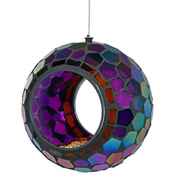 Sunnydaze 6-Inch Glass Mosaic Hanging Bird Feeder for Outdoors - Fly-Through Wild Bird Feeder - Purple