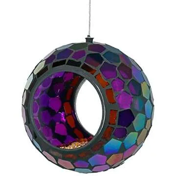 Sunnydaze 6-Inch Glass Mosaic Hanging Bird Feeder for Outdoors - Fly-Through Wild Bird Feeder - Purple