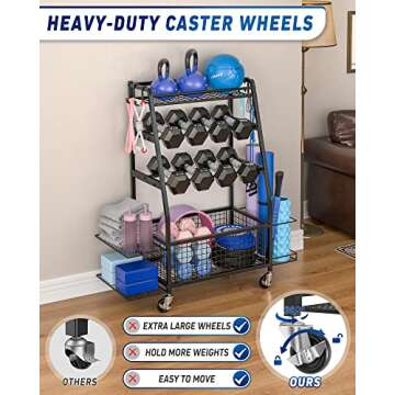 Staransun Weight Rack for Dumbbells - Dumbbell Rack for Home Gym - Home Gym Storage Rack for Dumbbells and Strength Training Equipment - Weight Rack for Home Gym with Side Shelves, Hooks and Wheels