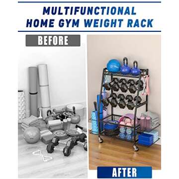 Staransun Weight Rack for Dumbbells - Dumbbell Rack for Home Gym - Home Gym Storage Rack for Dumbbells and Strength Training Equipment - Weight Rack for Home Gym with Side Shelves, Hooks and Wheels