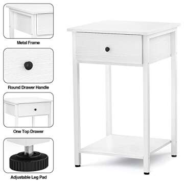 Ecoprsio Nightstand White End Table Side Table with Drawer and Storage Shelf Wood Night Stand Modern Bedside Table for Bedroom, Living Room, Sofa Couch, Hall, Easy Assembly, White